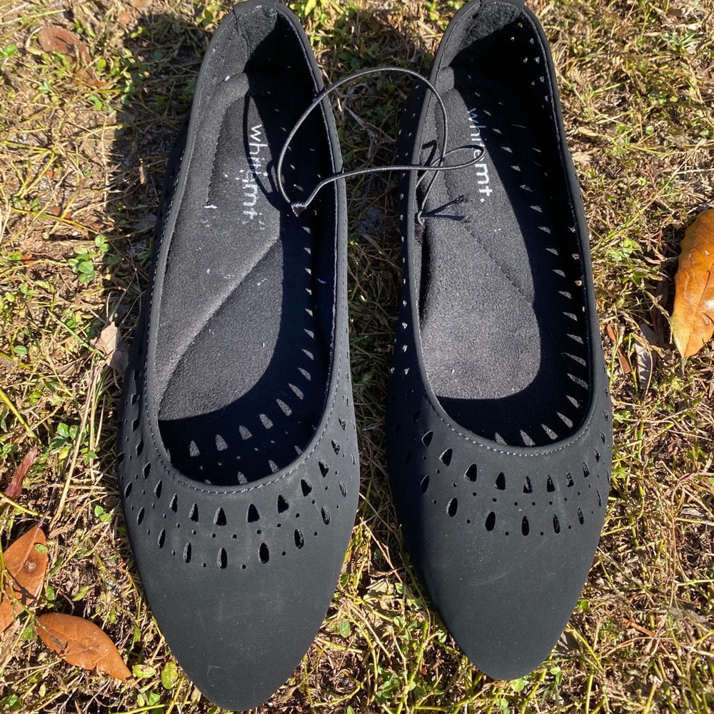 White MT. Black suede almond toe flats